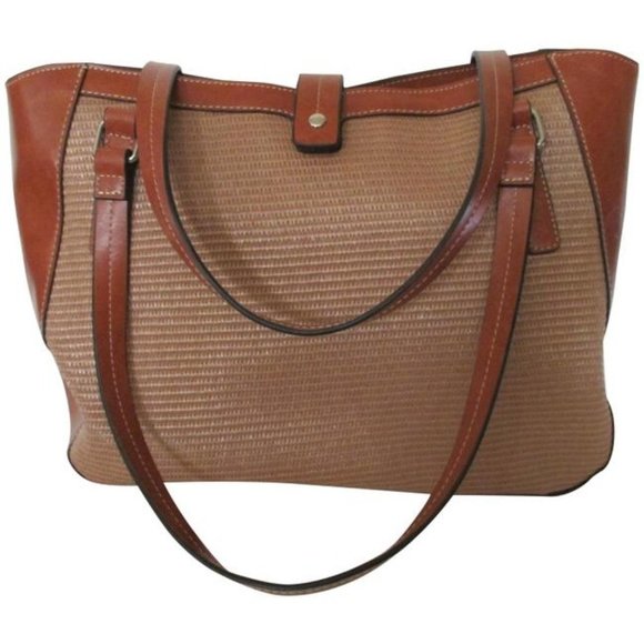 *Emilie M Woven Straw Brown Faux Leather Tote